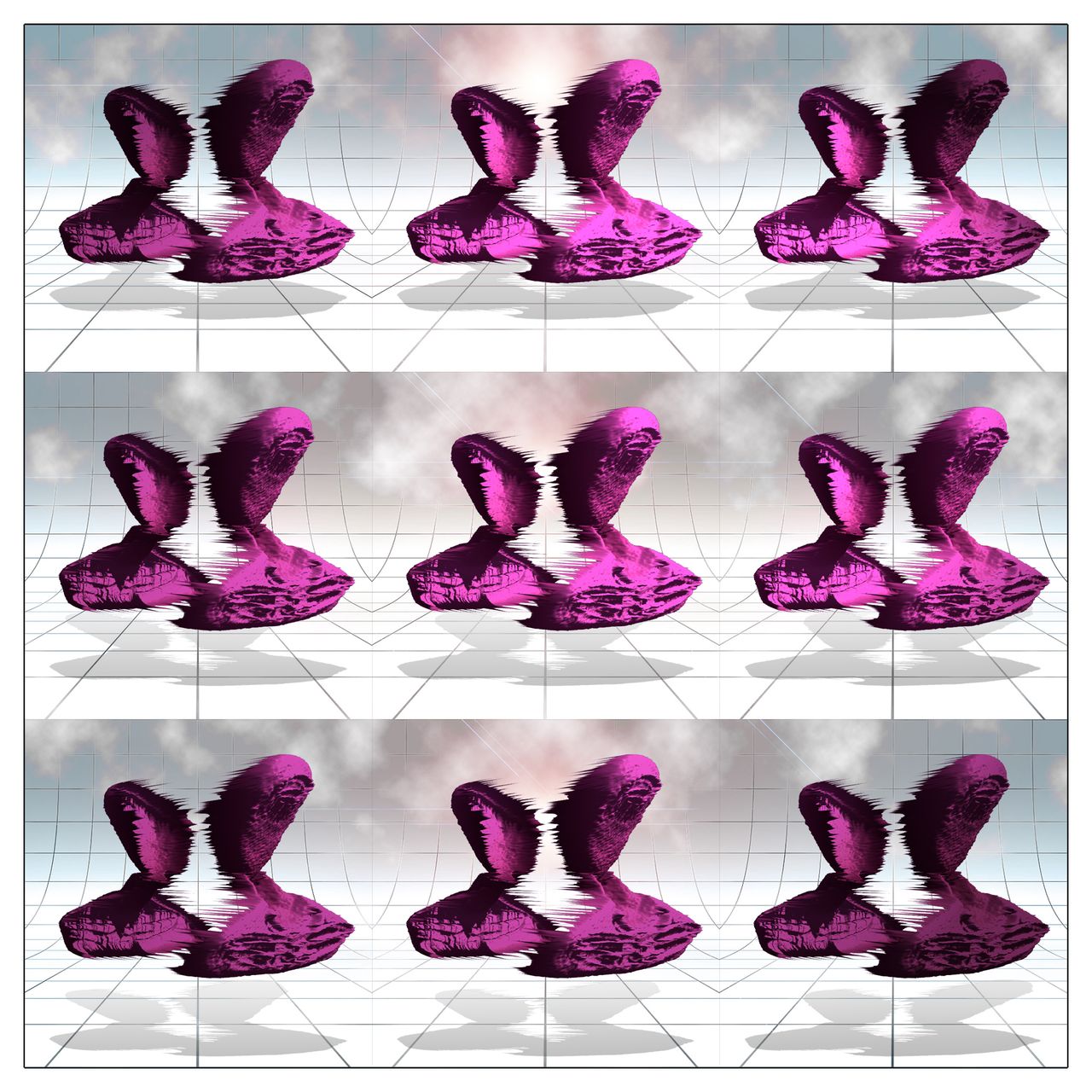 indek maximum albatross cover art by indek warped twin humanoid busts frepeated in a grid over 3d scene with grid floor perspective clouds in skies shadows beneath twin figures