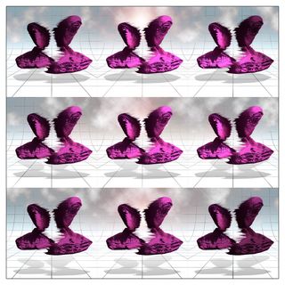 indek maximum albatross cover art by indek warped twin humanoid busts frepeated in a grid over 3d scene with grid floor perspective clouds in skies shadows beneath twin figures