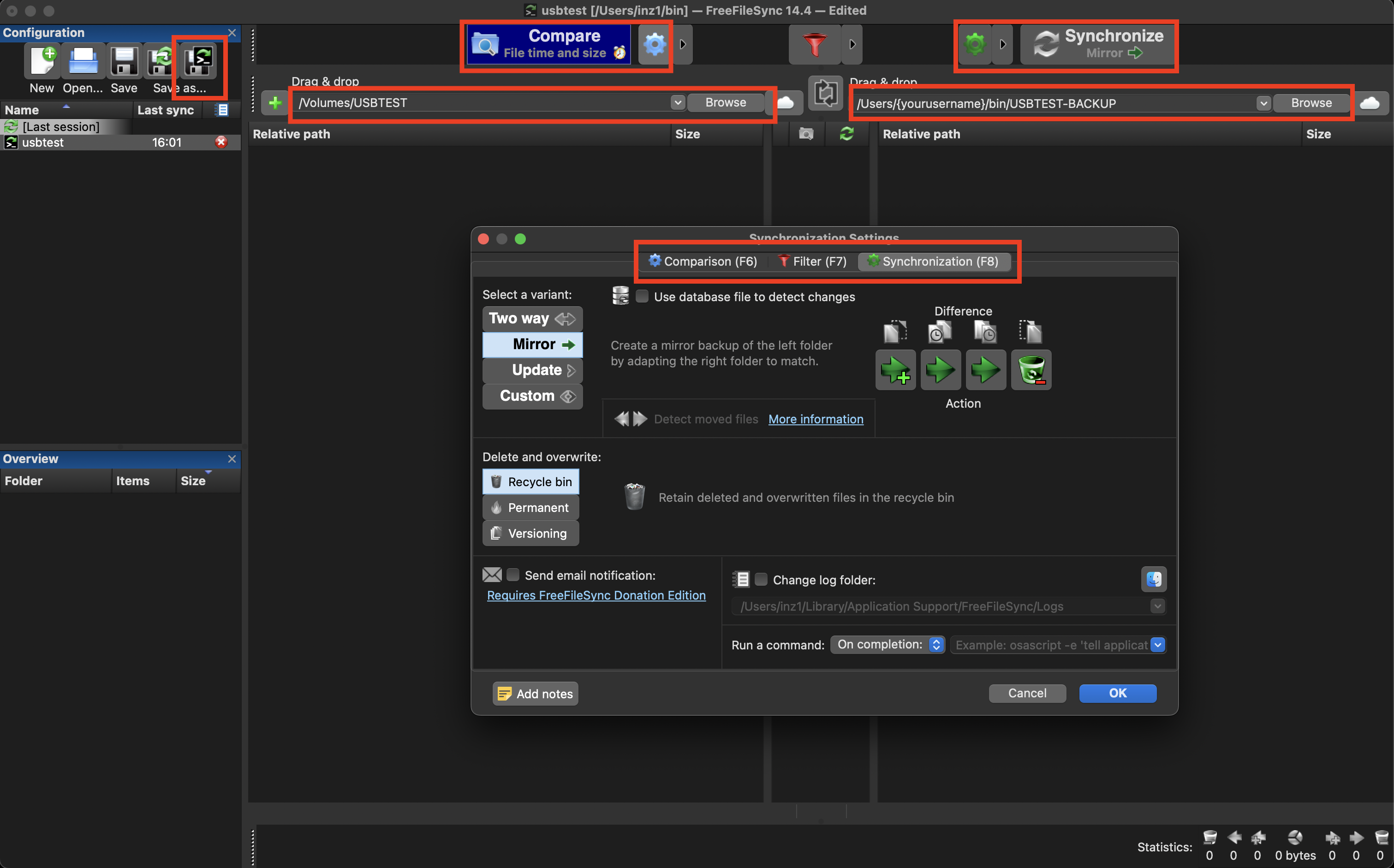 screenshot of free file sync settings